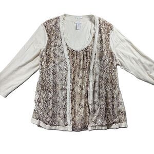 Chicos Sequin Cardigan Shell Set Preppy Glam Fancy Gold Cream Size 3 XL E113